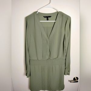 White House Black Market (Size 10) Olive Green V-Neck Button Pleated Dress